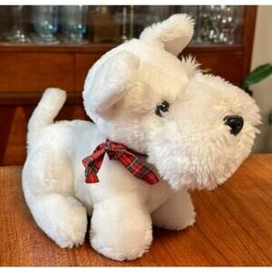 DO-JOE'S Vintage Plush White Terrier Dog Stuffed Animal 1985 Red Plaid Bow